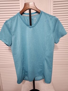 adidas Womens  V-Neck Athletic Tee in Aqua Blue